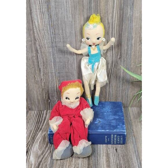 2 Retro Stockinette Posable Dolls, Ballerina Christmas Elf 1960s Vintage Decor - Picture 2 of 7
